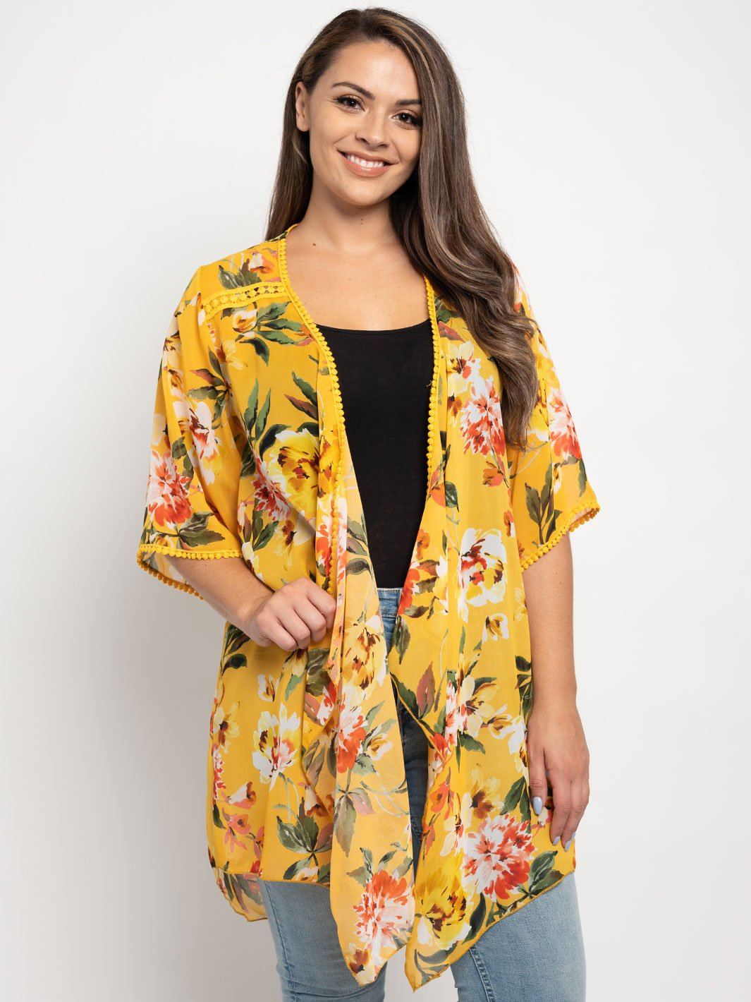PLUS SIZE MUSTARD FLORAL PRINT KIMONO