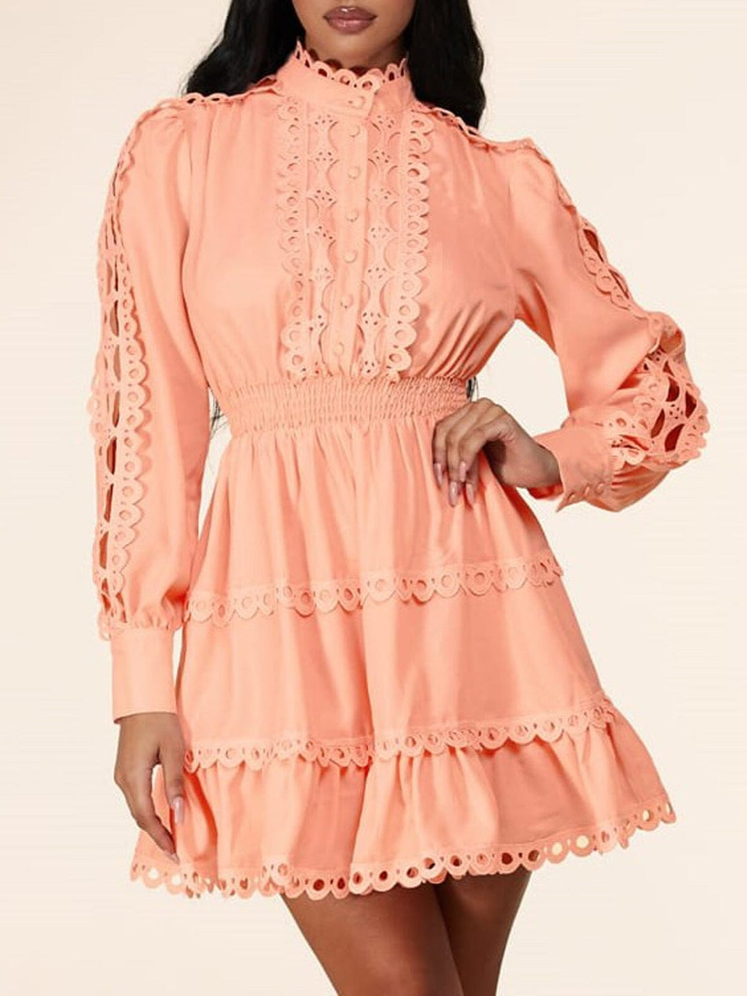 WOMEN'S LONG SLEEVE SMOCK WAIST EYELET DETAIL MINI DRESS