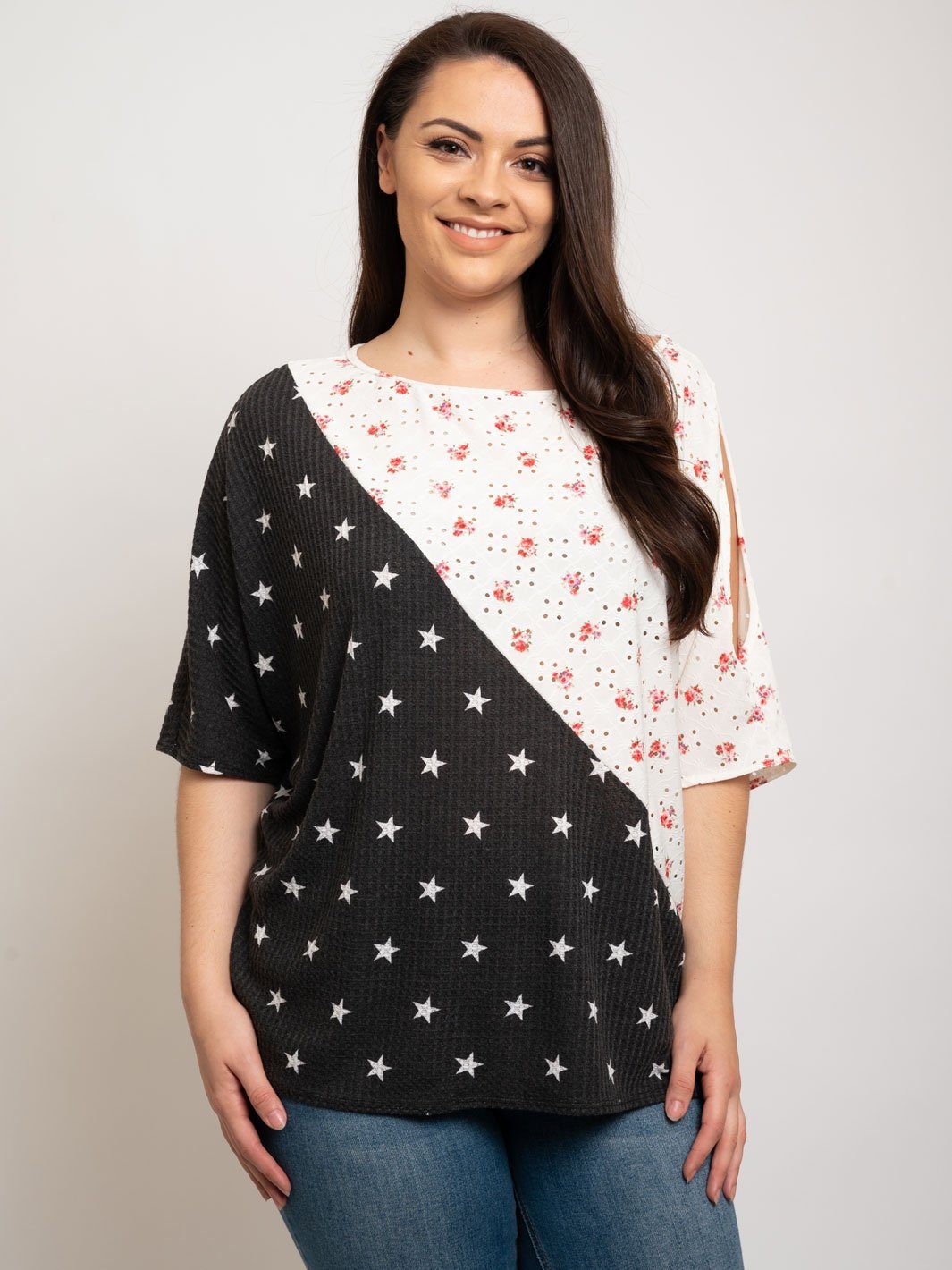 PLUS SIZE FLORAL COLOR BLOCK TOP