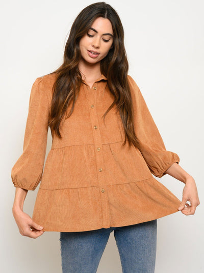 WOMEN'S LONG SLEEVE TIERED BUTTON UP TOP