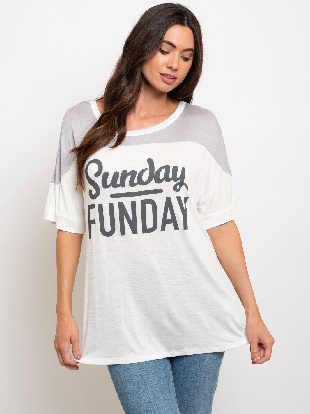 WOMEN'S COLOR BLOCK "SUNDAY FUNDAY" GRAPHIC TOP