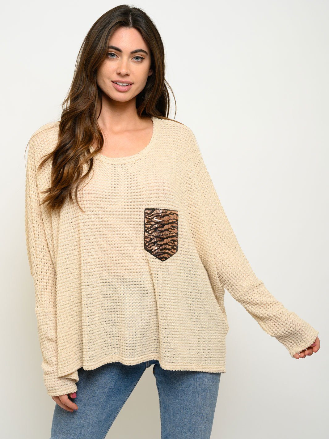 WOMEN'S LONG SLEEVE WAFFLE SEQUIN POCKET TOP