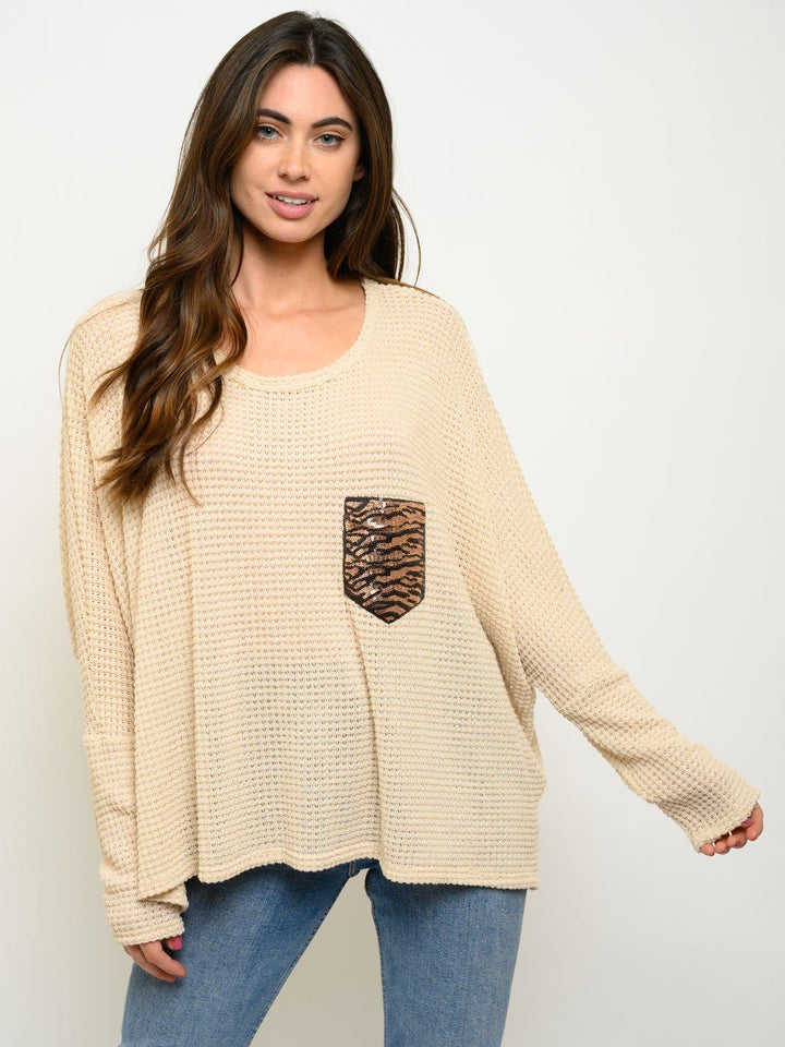 WOMEN'S LONG SLEEVE WAFFLE SEQUIN POCKET TOP