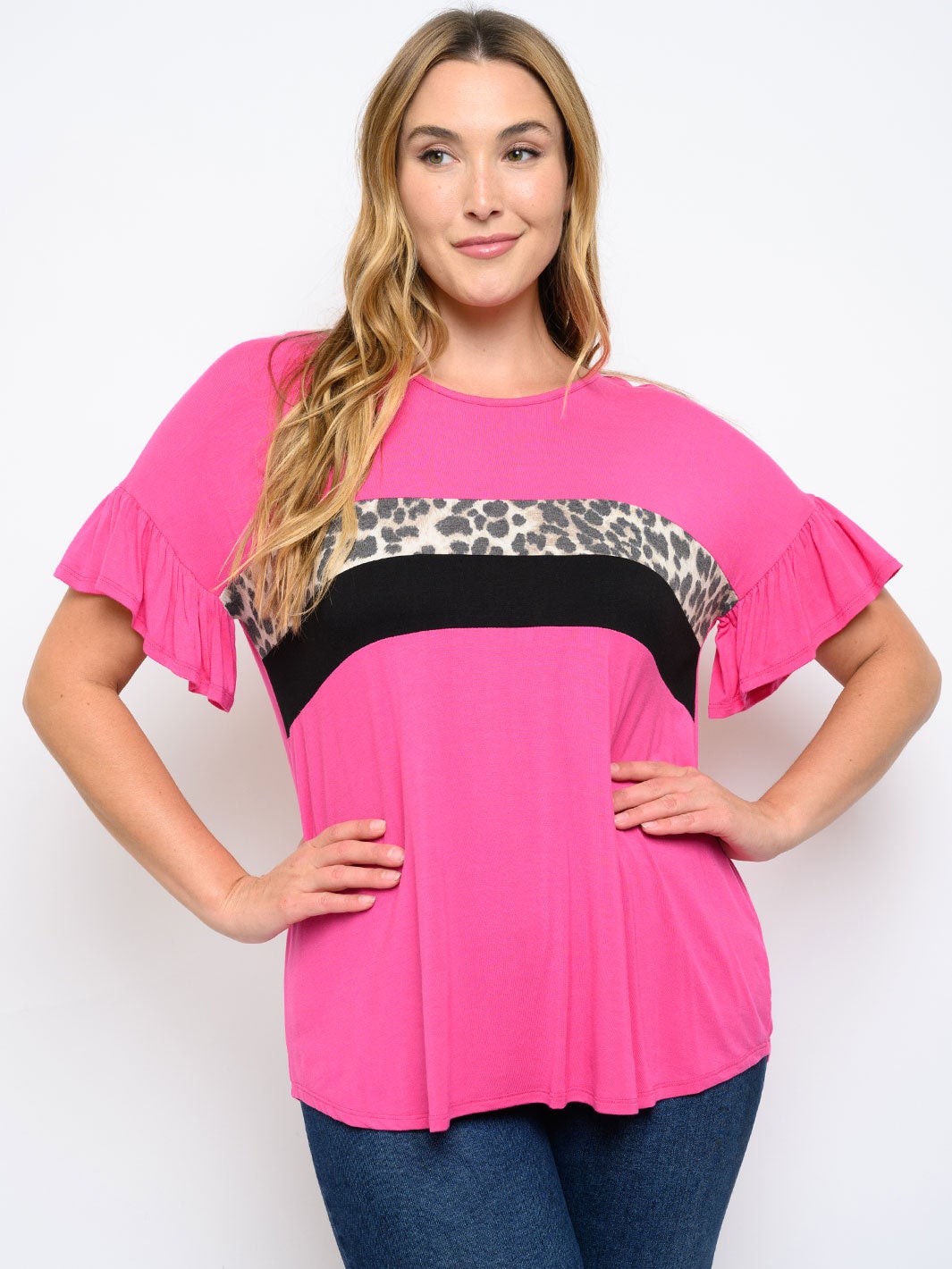 PLUS SIZE SHORT SLEEVE ANIMAL PRINT CONTRAST TOP