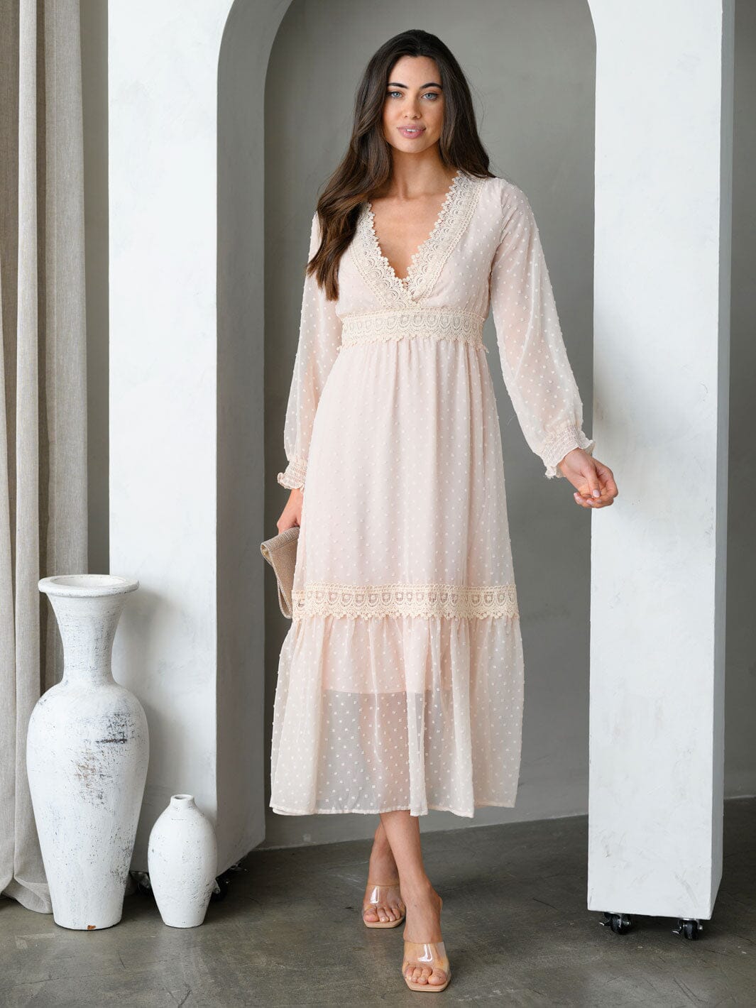 WOMEN'S LONG SLEEVE V-NECK TIERED SWISS DOTS MIDI DRESS