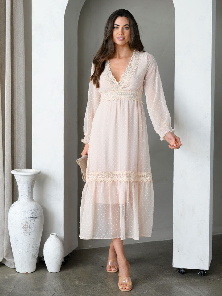 WOMEN'S LONG SLEEVE V-NECK TIERED SWISS DOTS MIDI DRESS