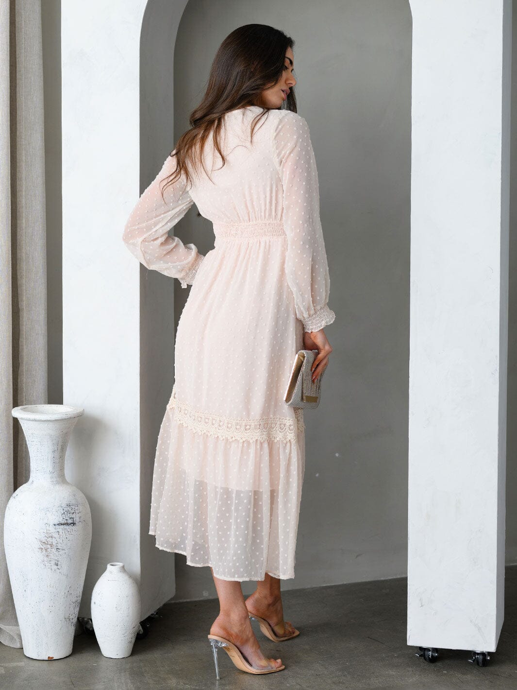 WOMEN'S LONG SLEEVE V-NECK TIERED SWISS DOTS MIDI DRESS