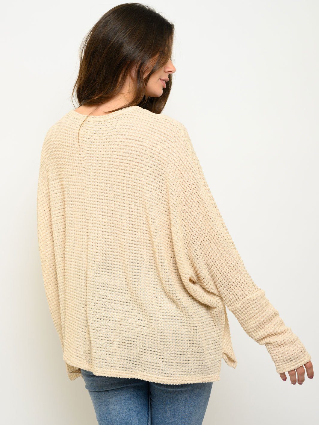 WOMEN'S LONG SLEEVE WAFFLE SEQUIN POCKET TOP