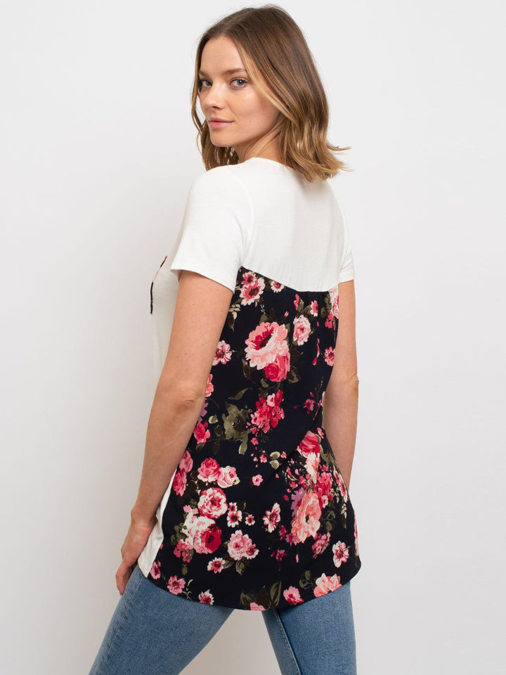 WOMEN'S TUNIC SHORT SLEEVE BUBBLE CREPE FLORAL BACK AND POCKET TOP