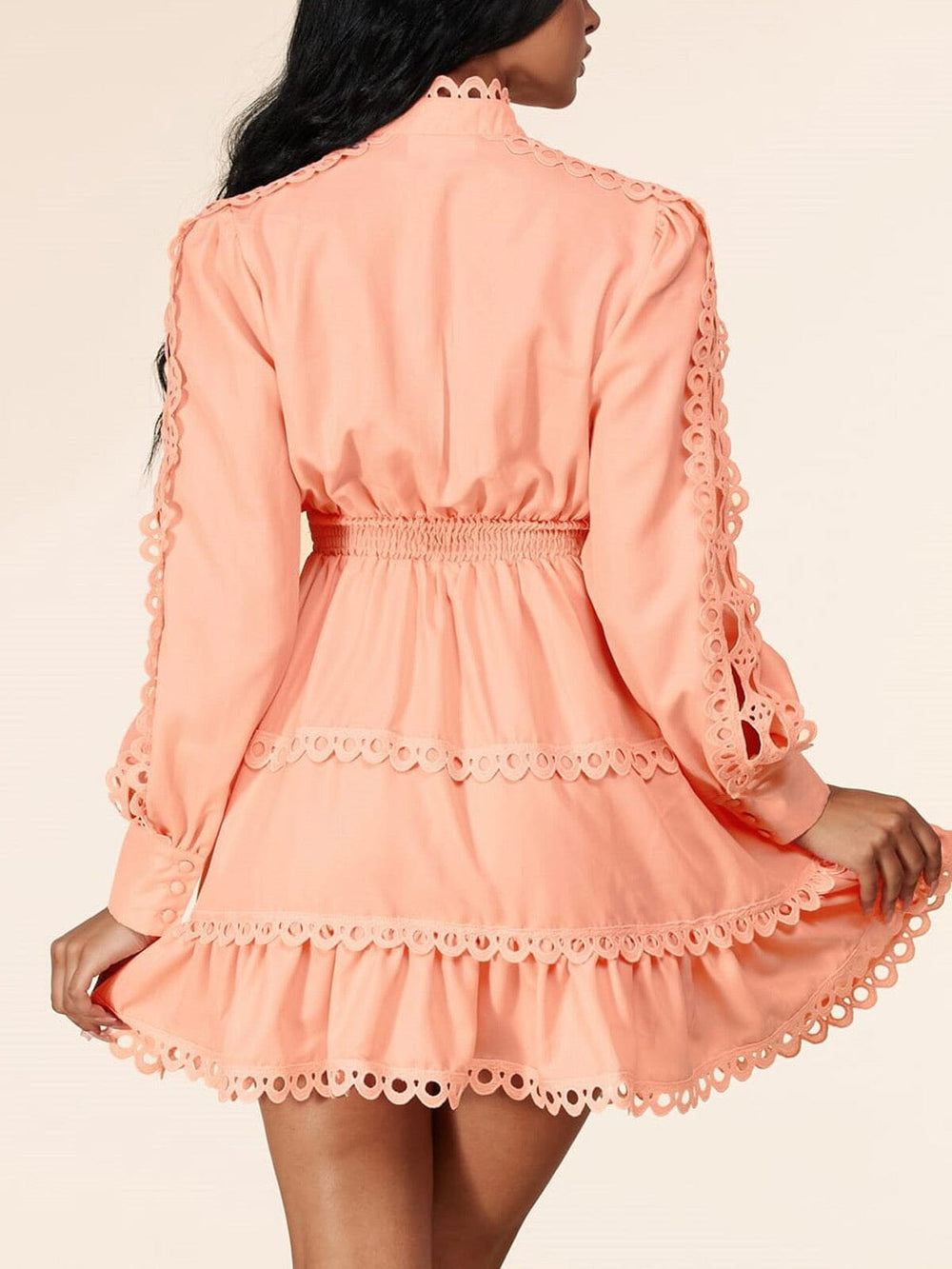 WOMEN'S LONG SLEEVE SMOCK WAIST EYELET DETAIL MINI DRESS