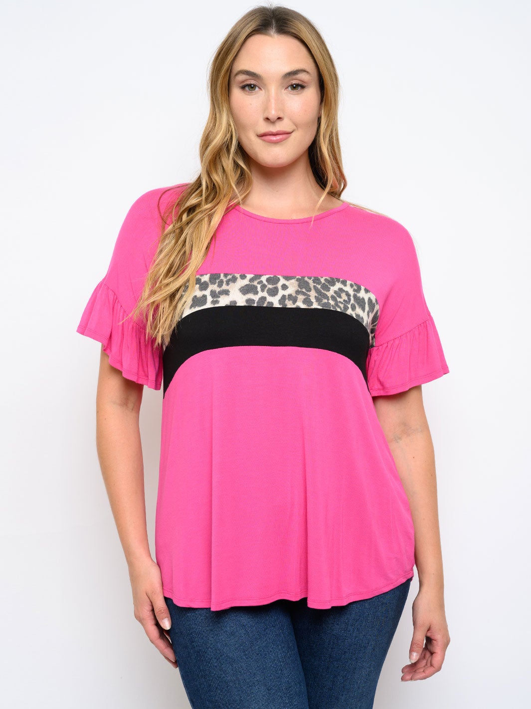 PLUS SIZE SHORT SLEEVE ANIMAL PRINT CONTRAST TOP