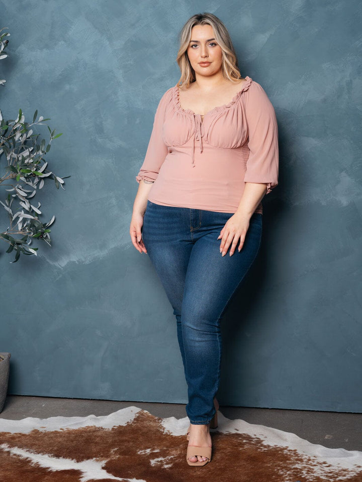 PLUS SIZE 3/4 SLEEVE SMOCK FRONT TIE TOP