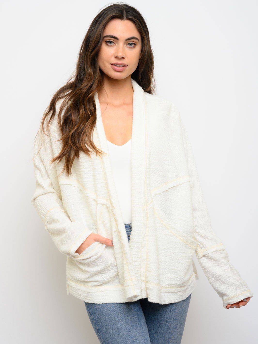 WOMEN'S LONG SLEEVE POCKETS OPEN CARDIGAN
