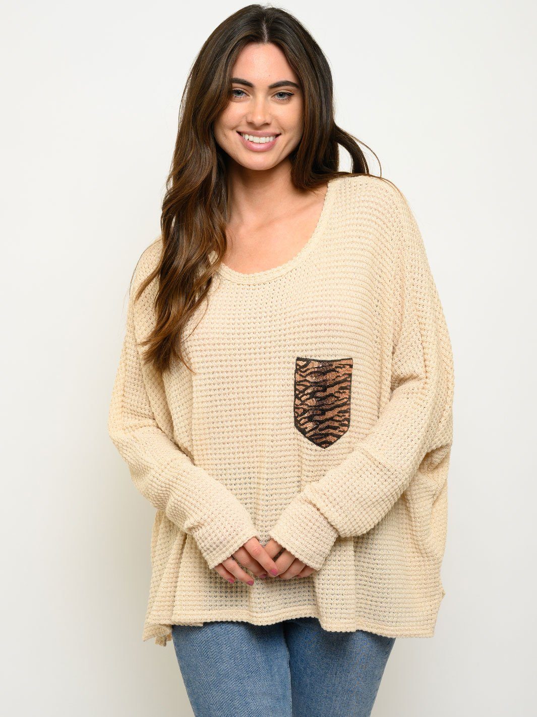 WOMEN'S LONG SLEEVE WAFFLE SEQUIN POCKET TOP