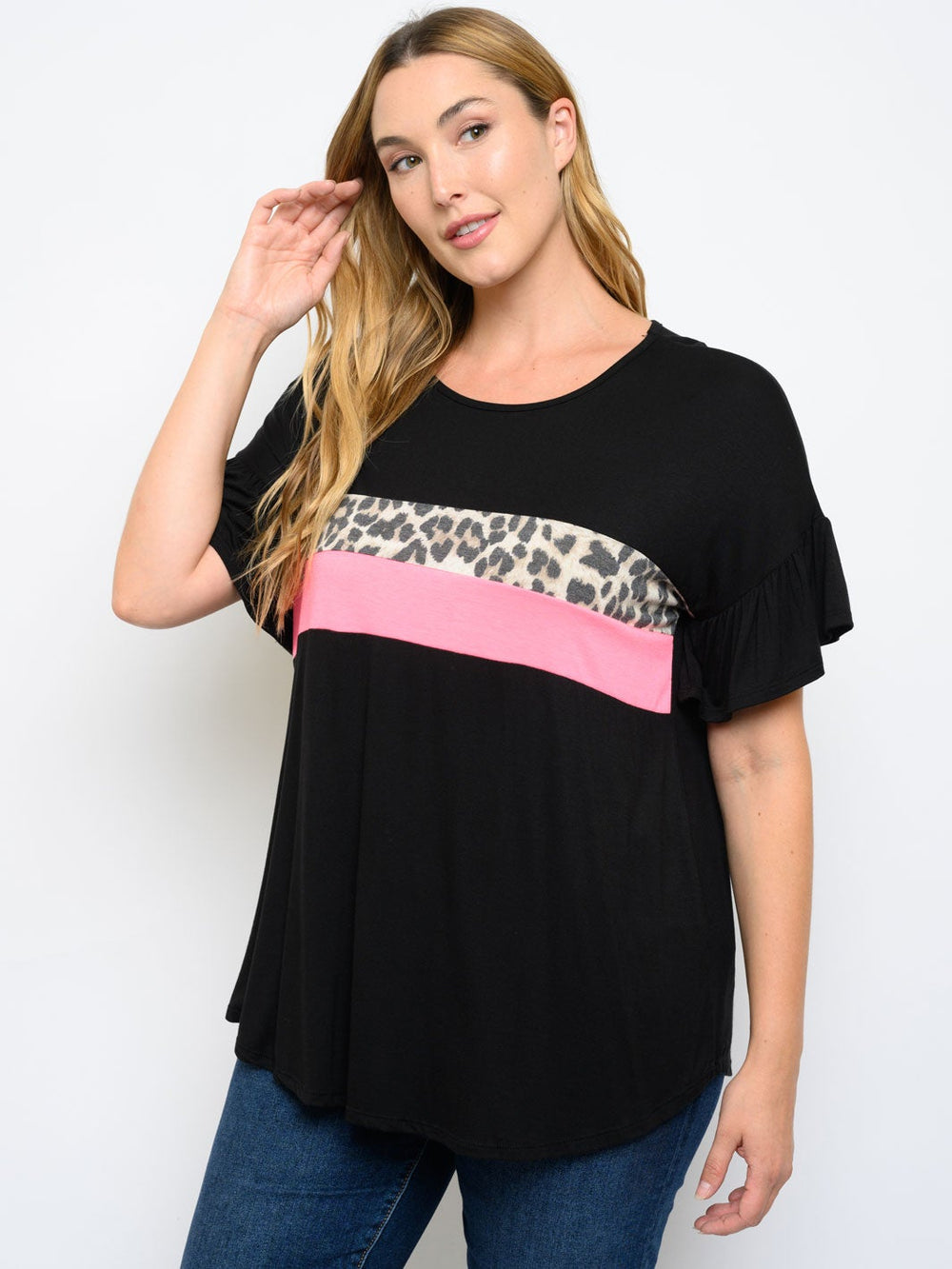 PLUS SIZE SHORT SLEEVE ANIMAL PRINT CONTRAST TOP
