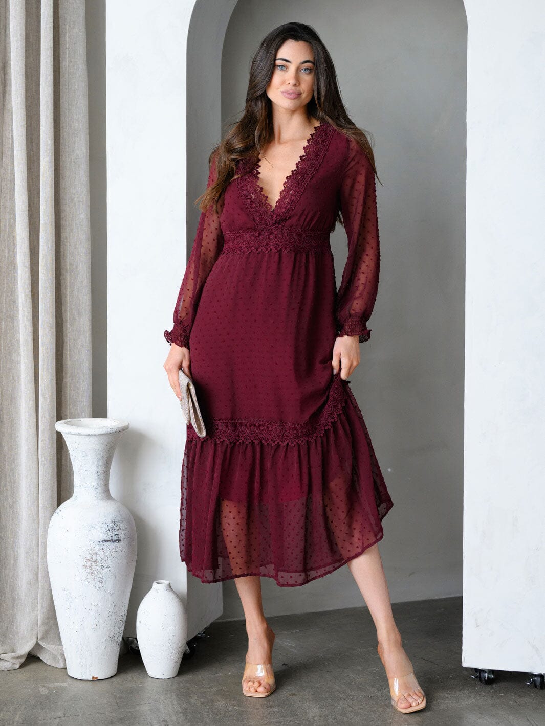 WOMEN'S LONG SLEEVE V-NECK TIERED SWISS DOTS MIDI DRESS