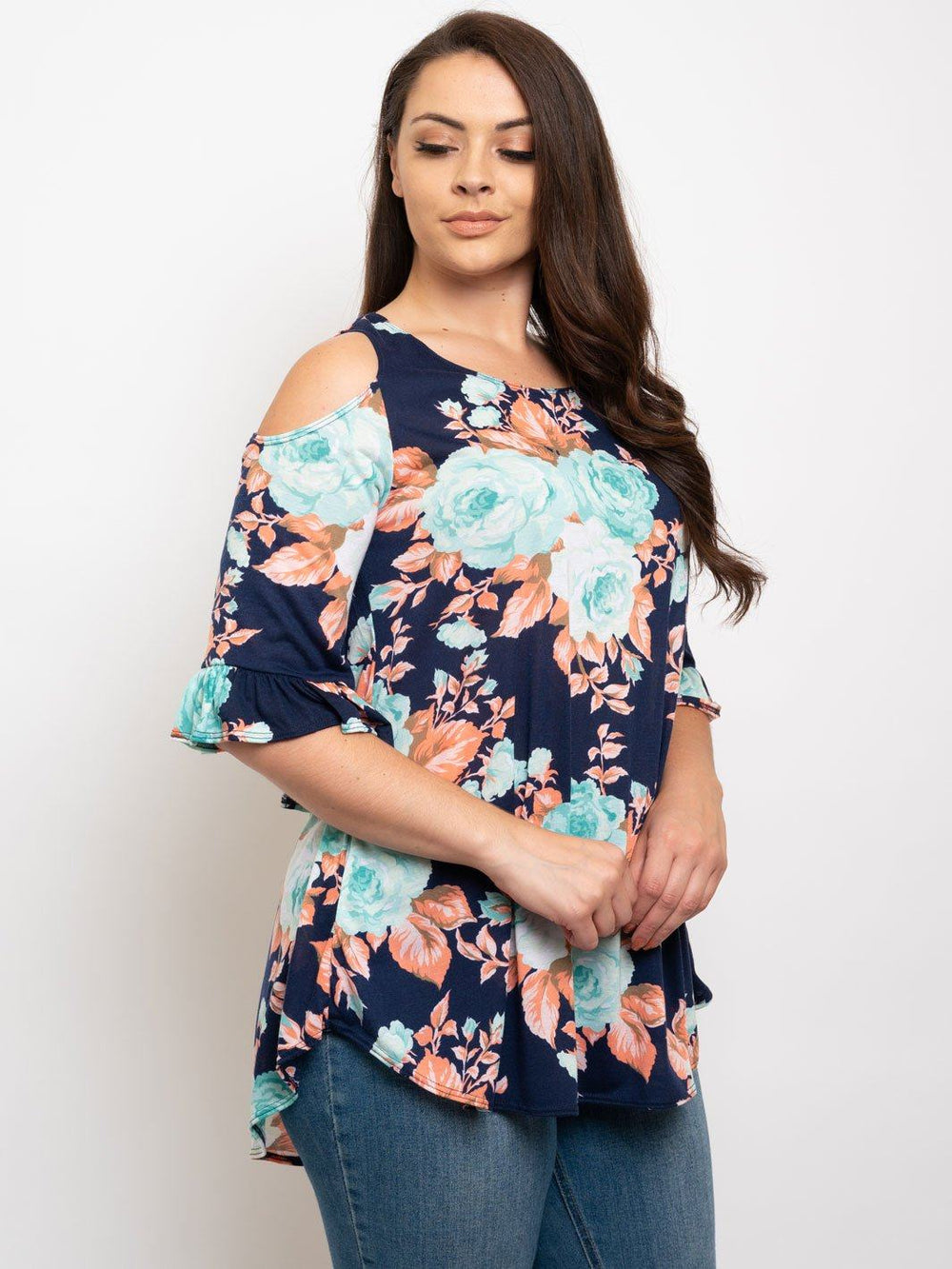 PLUS SIZE FLORAL RUFFLE SLEEVES TOP