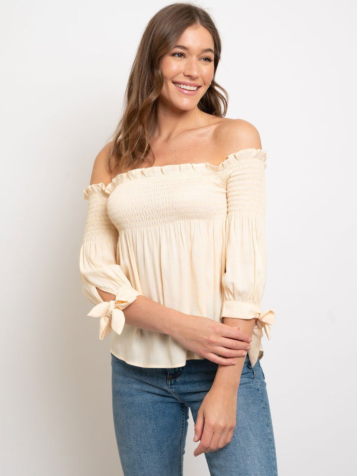 WOMEN'S OFF SHOULDER BABY DOLL SMOCKED TOP