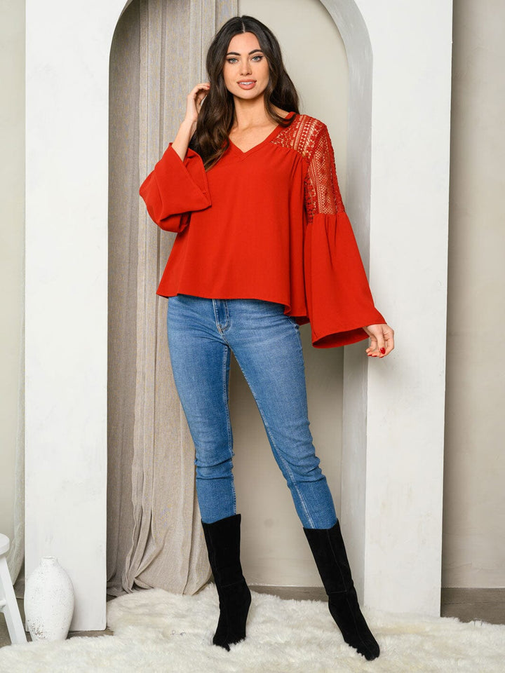 WOMEN'S LONG BELL SLEEVE V-NECK LACE TOP