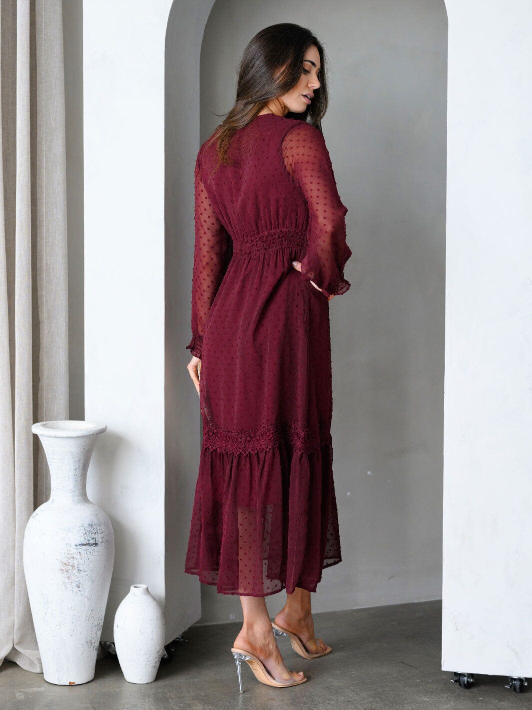 WOMEN'S LONG SLEEVE V-NECK TIERED SWISS DOTS MIDI DRESS