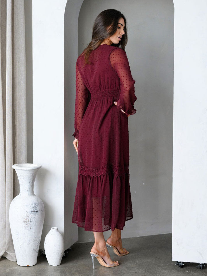 WOMEN'S LONG SLEEVE V-NECK TIERED SWISS DOTS MIDI DRESS