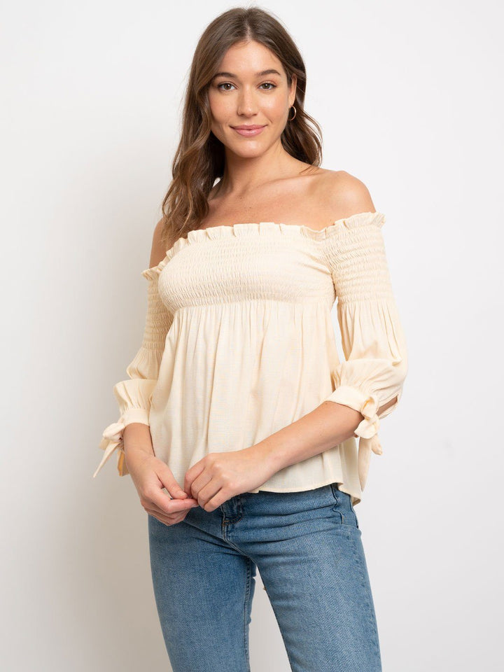 WOMEN'S OFF SHOULDER BABY DOLL SMOCKED TOP