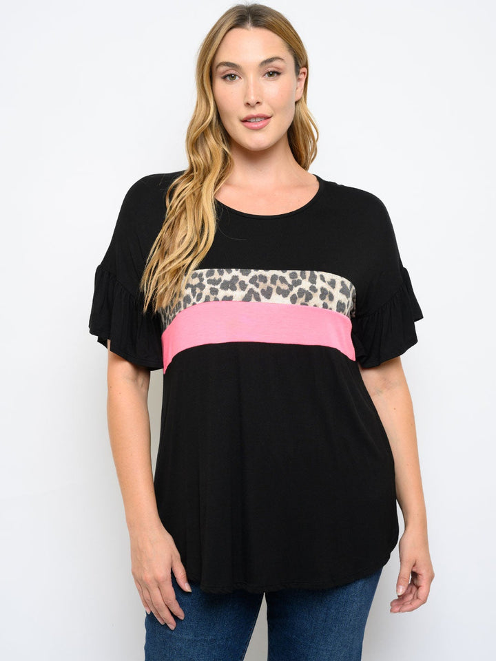 PLUS SIZE SHORT SLEEVE ANIMAL PRINT CONTRAST TOP