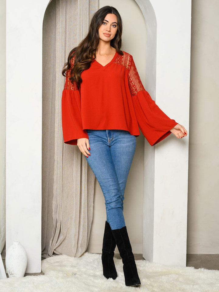 WOMEN'S LONG BELL SLEEVE V-NECK LACE TOP