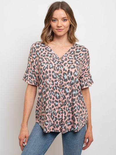 WOMEN'S LEOPARD PRINT FRONT KNOT TUNIC W/BUTTONS ON SLEEVES
