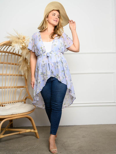 PLUS SIZE FLORAL RUFFLE SELF TIE TOP