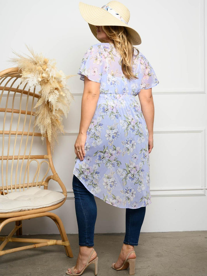 PLUS SIZE FLORAL RUFFLE SELF TIE TOP