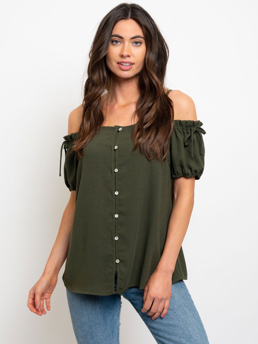 WOMEN'S COLD SHOULDER BUTTON UP TOP