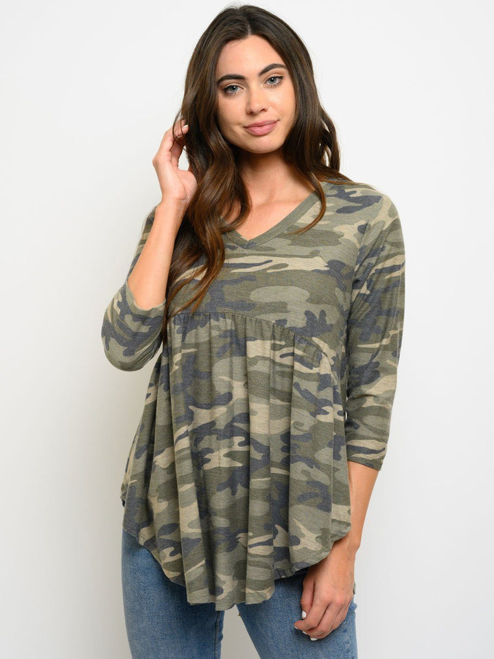 WOMEN'S TUNIC 3/4 SLEEVES CAMO PRINT TOP