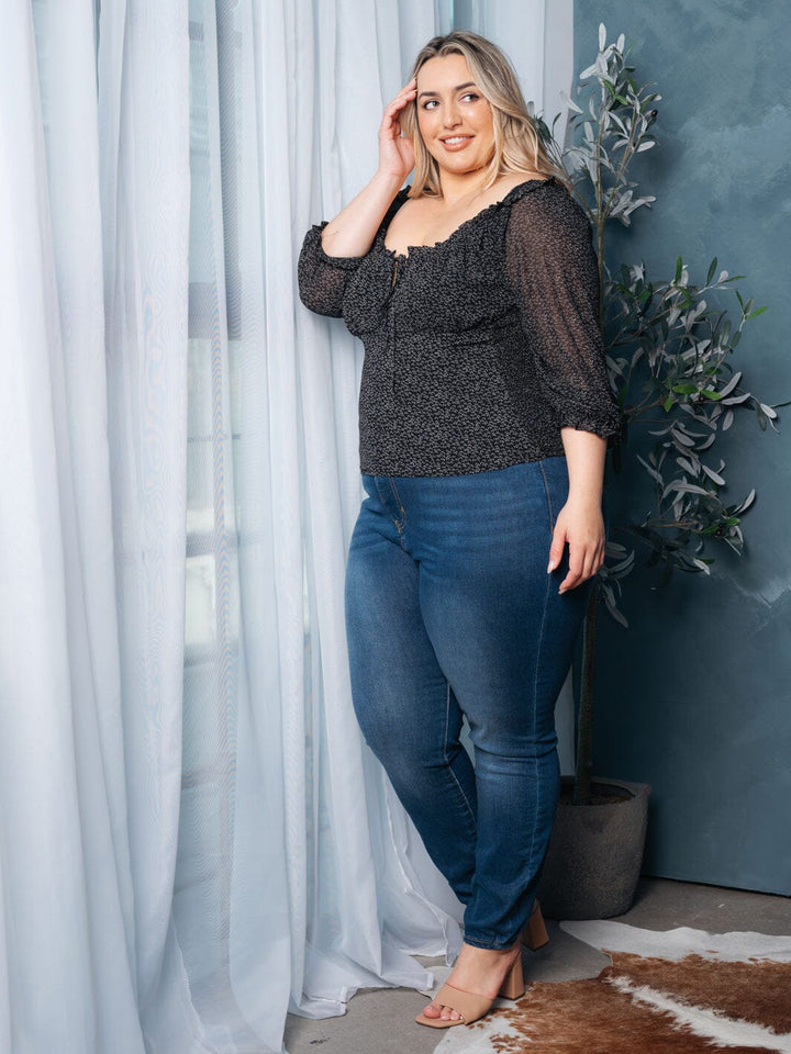 PLUS SIZE 3/4 SLEEVE SMOCK SQUARE NECK FLORAL TOP