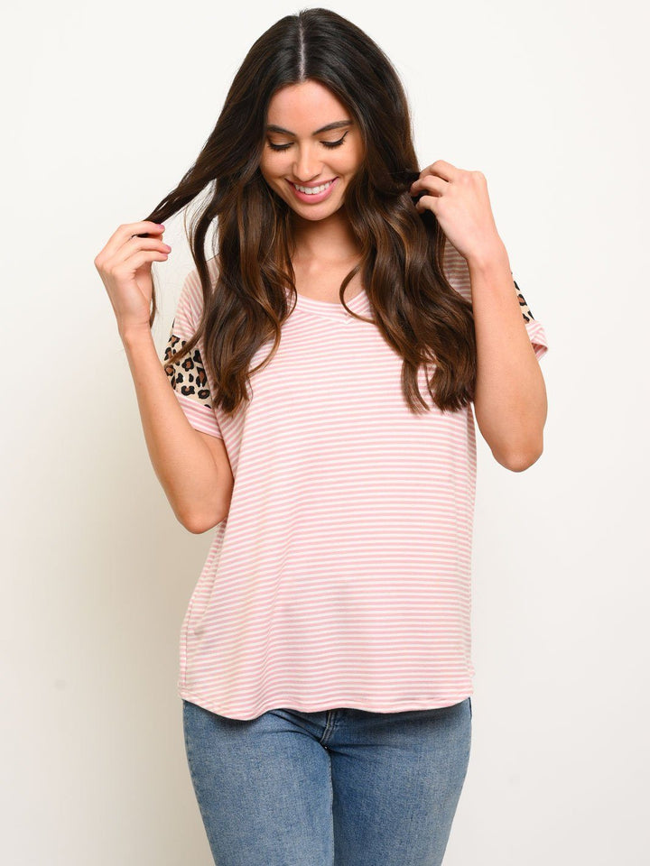 WOMEN'S STRIPES ANIMAL PRINT SLEEVE DETAIL TOP