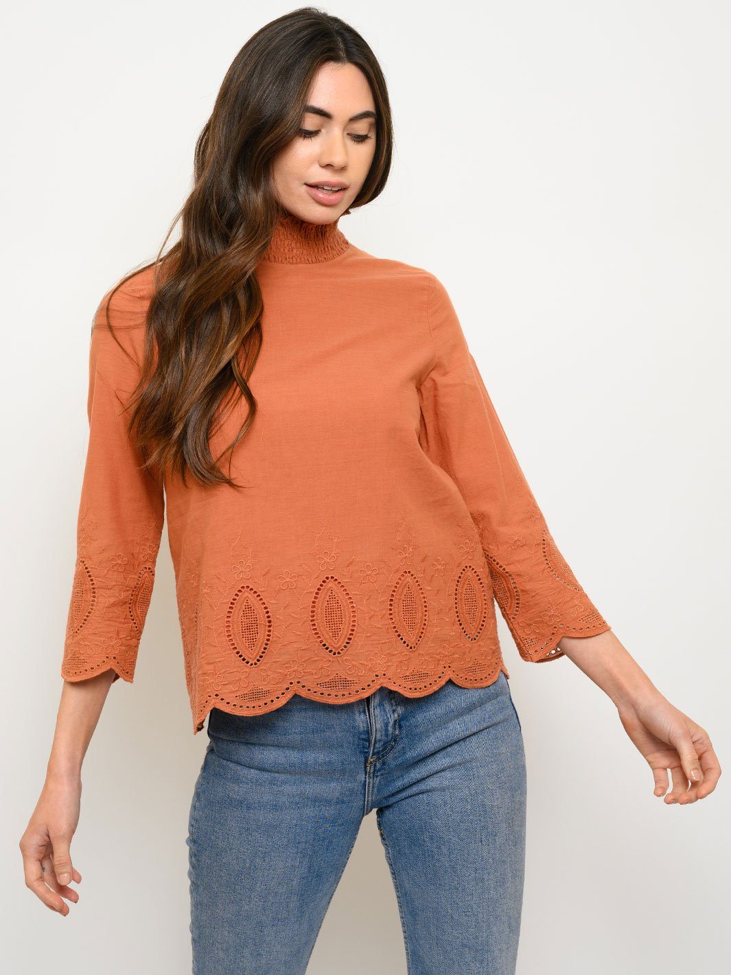 WOMEN'S EYELET CROCHET SMOCKING DETAIL TOP