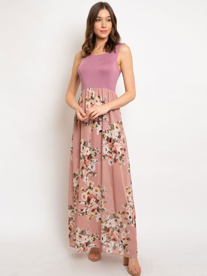 WOMEN'S FLORAL PRINT DUO FABRIC SLEEVELESS MAXI DRESS