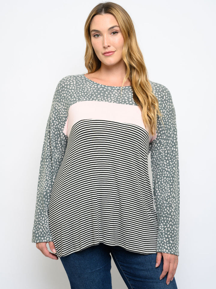 PLUS SIZE LONG SLEEVE MULTI PRINT TOP