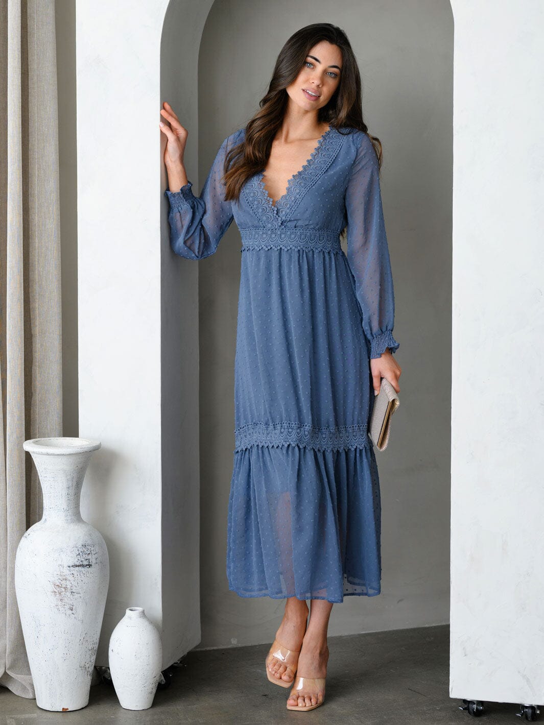 WOMEN'S LONG SLEEVE V-NECK TIERED SWISS DOTS MIDI DRESS