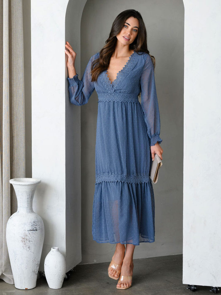 WOMEN'S LONG SLEEVE V-NECK TIERED SWISS DOTS MIDI DRESS