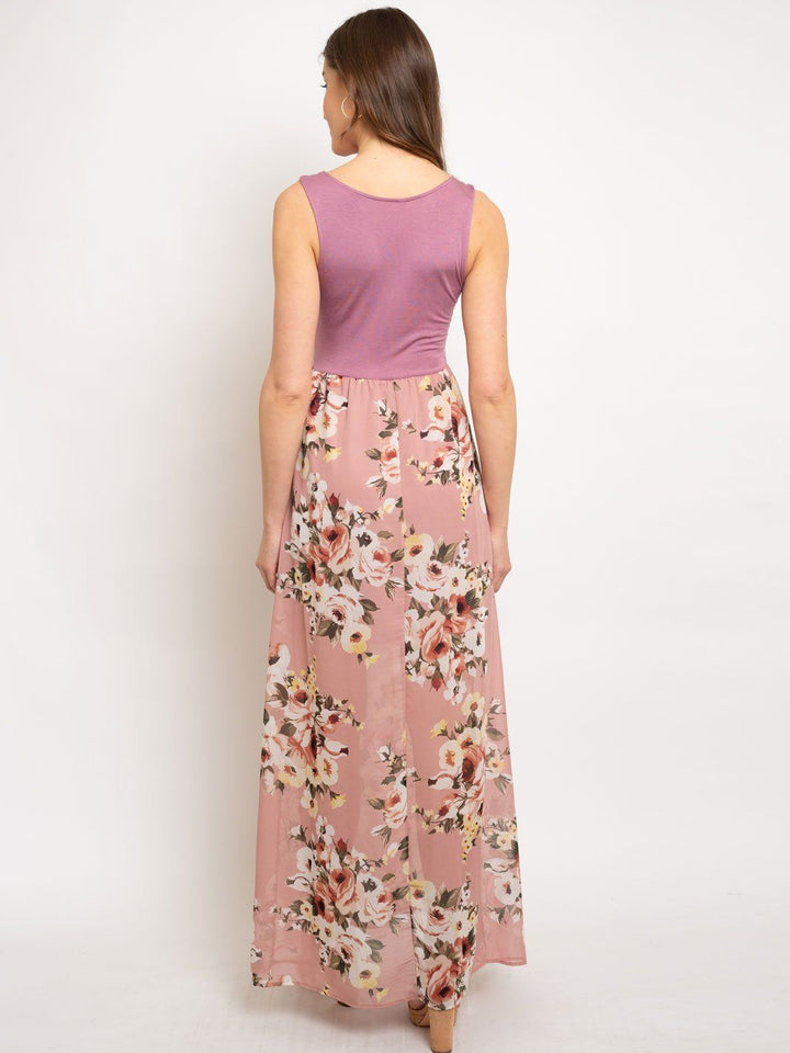 WOMEN'S FLORAL PRINT DUO FABRIC SLEEVELESS MAXI DRESS