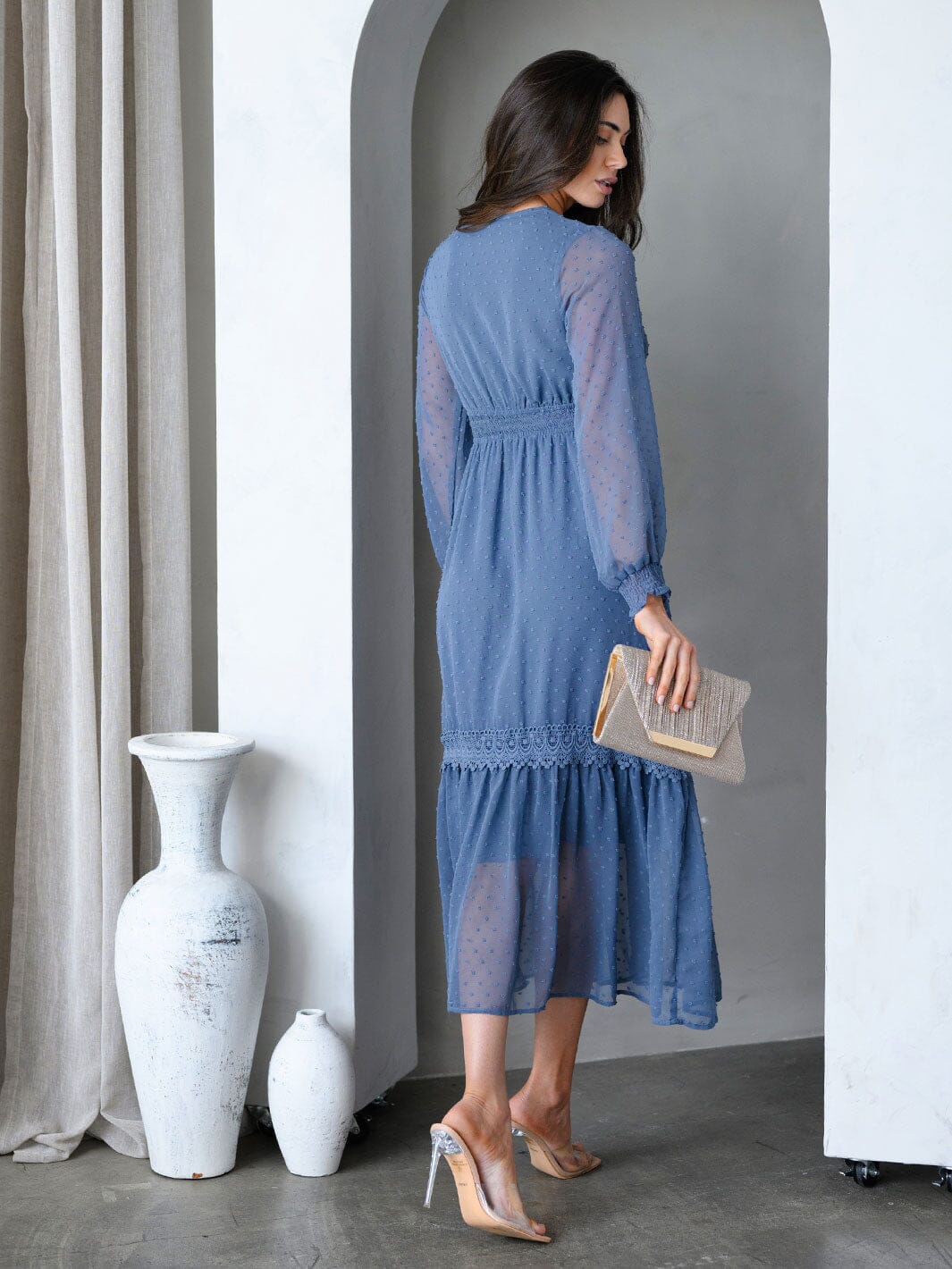 WOMEN'S LONG SLEEVE V-NECK TIERED SWISS DOTS MIDI DRESS