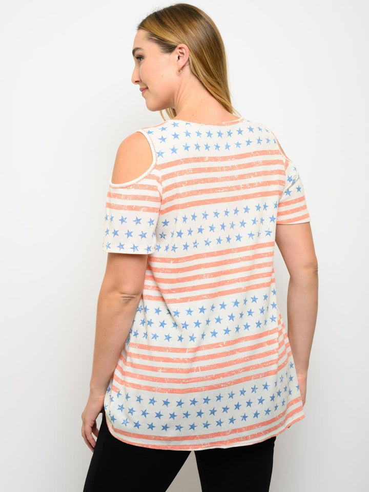 PLUS SIZE COLD SHOULDER MULTI PRINT TOP