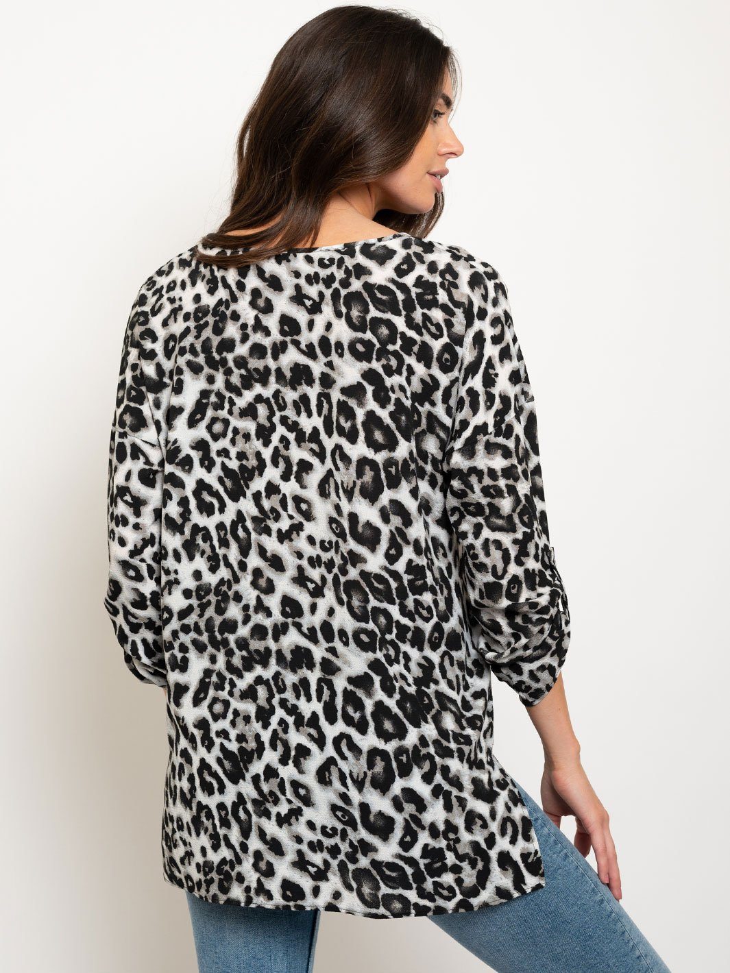 WOMEN'S SURPLICE STRIPE TAB SLEEVES ANIMAL PRINT TOP