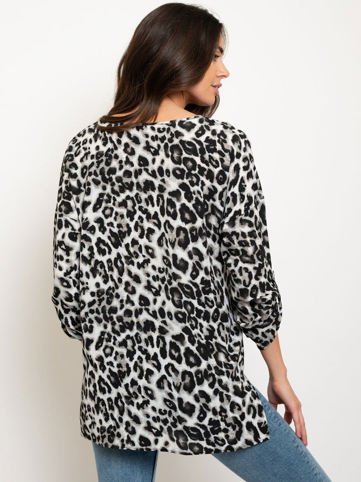 WOMEN'S SURPLICE STRIPE TAB SLEEVES ANIMAL PRINT TOP