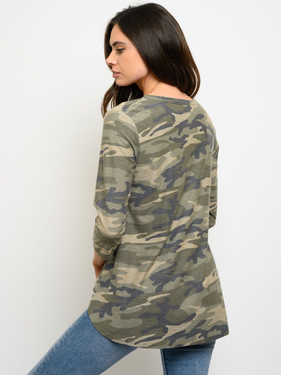 WOMEN'S TUNIC 3/4 SLEEVES CAMO PRINT TOP
