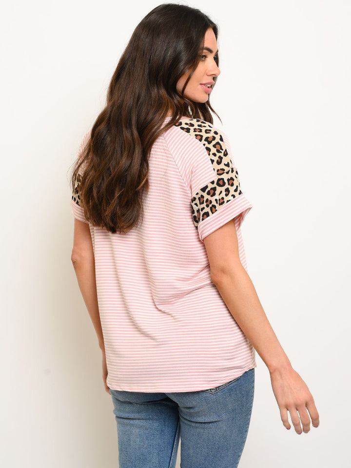 WOMEN'S STRIPES ANIMAL PRINT SLEEVE DETAIL TOP