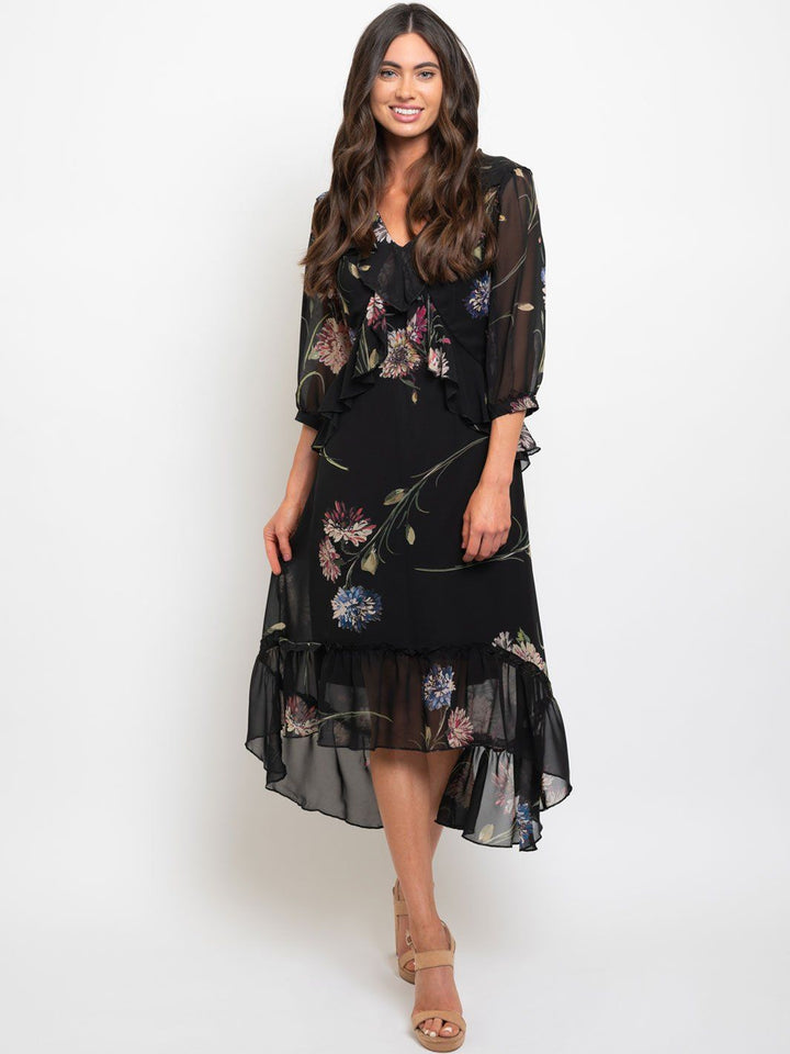 WOMEN'S FLORAL RUFFLE TRIM MAXI DRESS