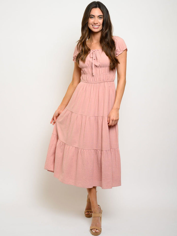 WOMEN'S SMOCKED RUFFLES MIDI DRESS