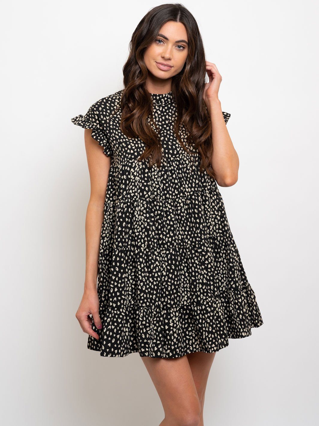 WOMEN'S PRINTED BABY-DOLL RUFFLE SLEEVE MINI DRESS